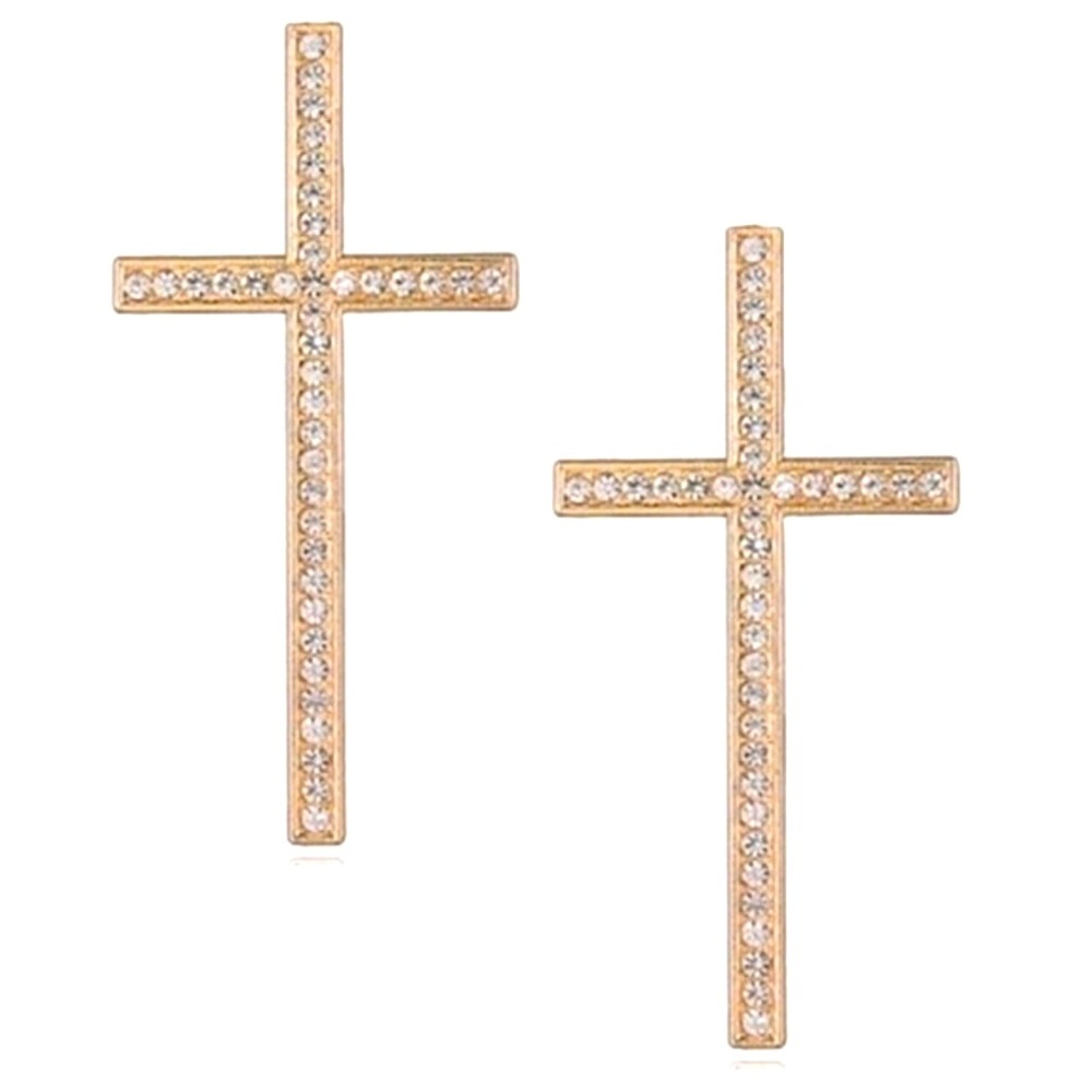 CROSS EARRINGS WITH CLEAR RHINESTONES, POSTS, GOLD TONE